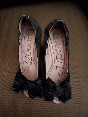 Apepazza Black Satin Peep-Toe Flats with Rosette Detail